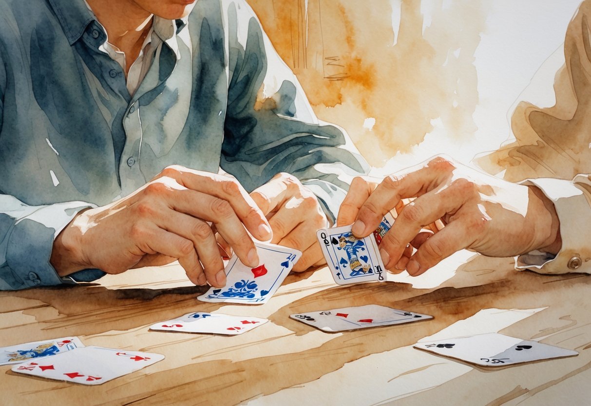 Dvoje ljudi sjedi za stolom i igraju kartašku igru, fokusirani i povezani u tihoj atmosferi.