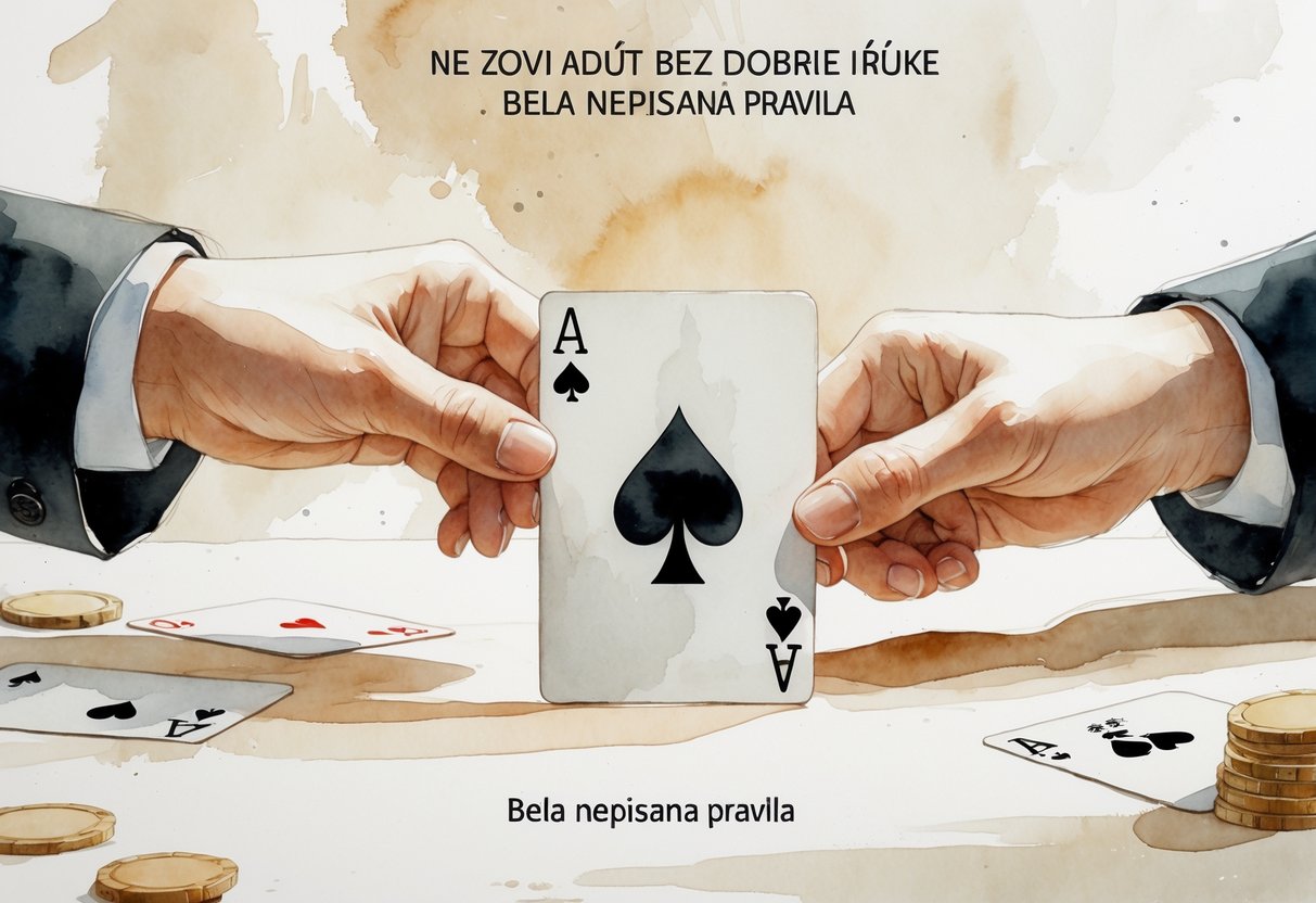 Par ruku drži karte na kartarskom stolu, s naglaskom na adut kartu, uz nježnu pozadinu koja simbolizira nepisana pravila.