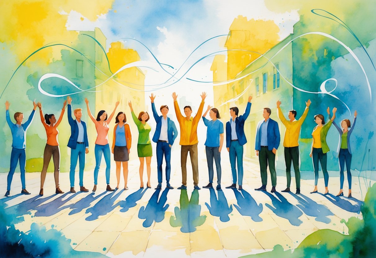 Skupina ljudi na sunčanom trgu jasno i glasno komunicira, okružena suptilnim apstraktnim oblicima koji simboliziraju nepisana pravila.