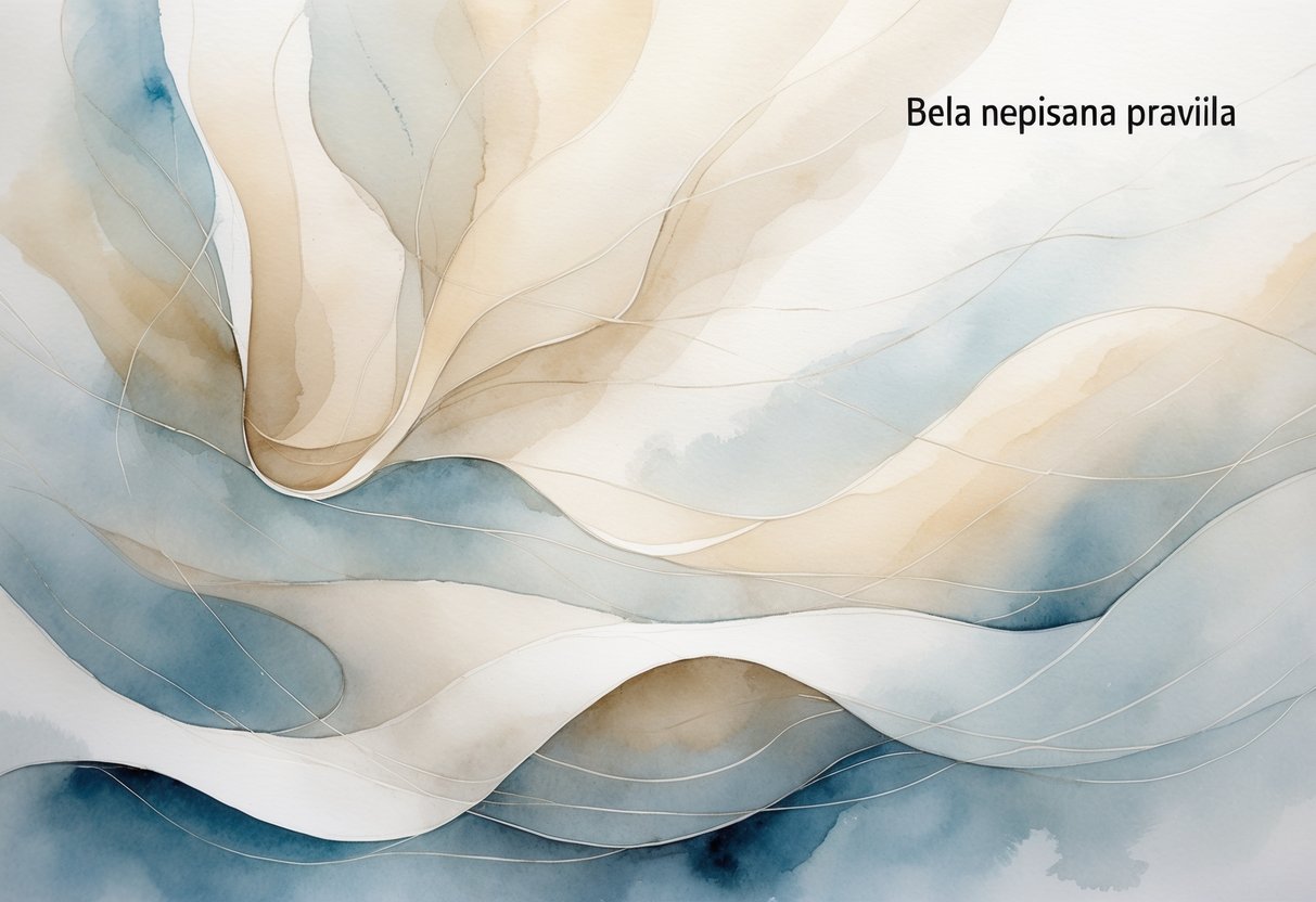 Apstraktna scena s nježnim oblicima i blijedim bojama koje simboliziraju nepisana pravila i suptilne granice.