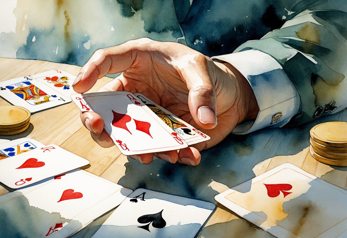 Ruka drži jake adute nad stolom s igrama karata.