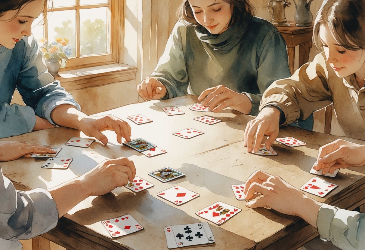 Skupina ljudi okupljena oko stola igra kartašku igru, s kartama raspoređenim po stolnoj površini u toplom i ugodnom okruženju.