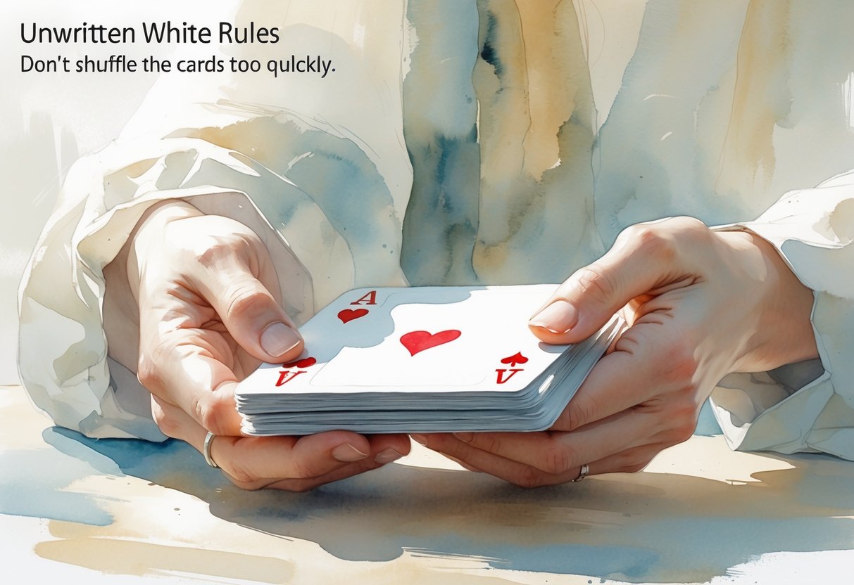 Par ruku nježno drži špil karata iznad drvenog stola.