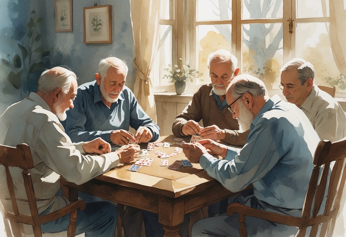 Ljudi sjede za stolom i igraju karte u mirnom i poštovanju ispunjenom okruženju.