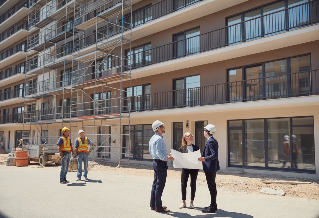 Renovatie met behoud van huur: rechten en plichten van verhuurder 1 Een woningrenovatie waarbij een verhuurder en huurder voor een appartementencomplex praten terwijl bouwvakkers aan het werk zijn.