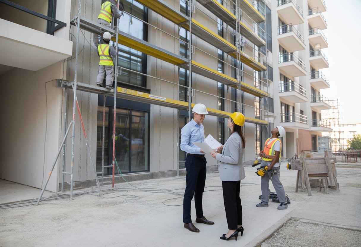 Renovatie met behoud van huur: rechten en plichten van verhuurder 2 Een verhuurder en huurder praten samen voor een gebouw dat gerenoveerd wordt met bouwvakkers op de achtergrond.
