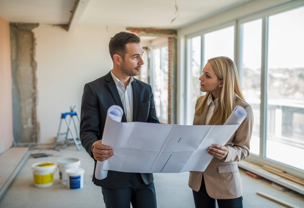 Renovatie met behoud van huur: rechten en plichten van verhuurder 3 Een verhuurder en huurder bespreken renovatieplannen in een appartement met zichtbare bouwmaterialen en gereedschap.