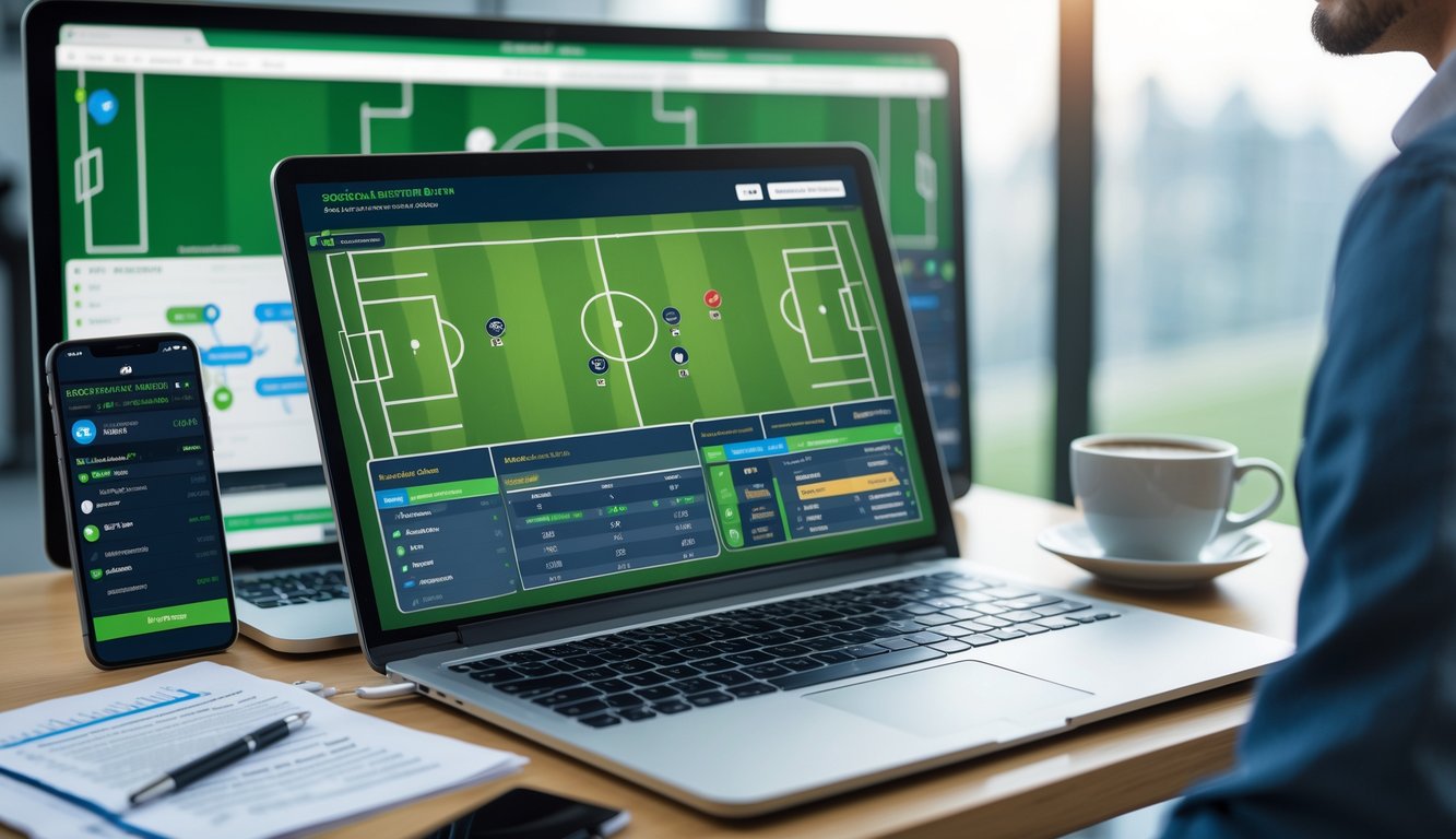Seorang profesional sedang menganalisis statistik pertandingan sepak bola di laptop dengan layar yang menampilkan grafik dan diagram lapangan sepak bola.