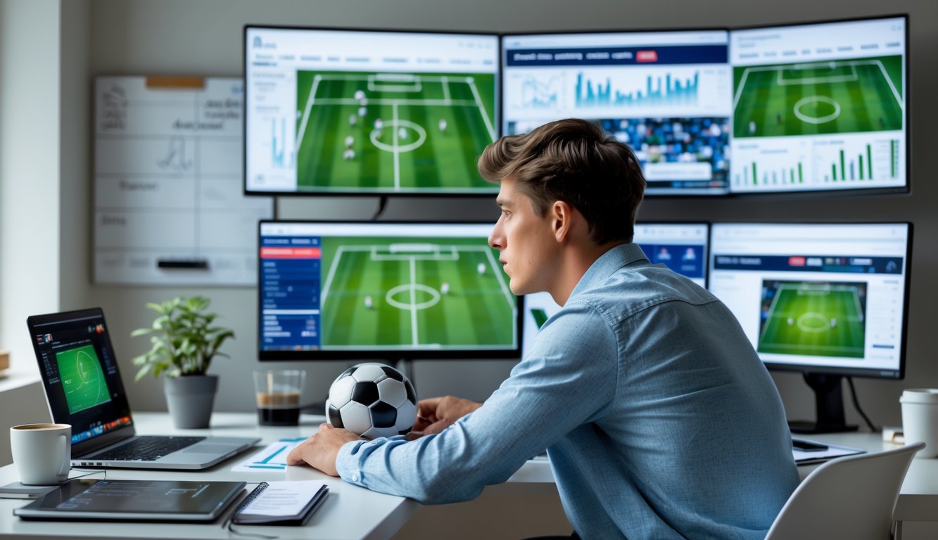 Seorang pria muda duduk di meja kerja dengan beberapa layar yang menampilkan statistik dan rekaman pertandingan sepak bola, sedang fokus menganalisis data pertandingan.