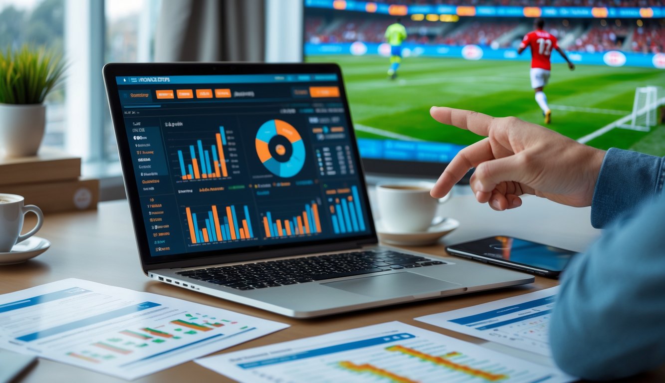 Seorang individu sedang menganalisis statistik klub sepak bola di depan laptop dengan grafik dan data pertandingan, di meja terdapat kertas dengan tabel dan layar besar menampilkan pertandingan sepak bola.