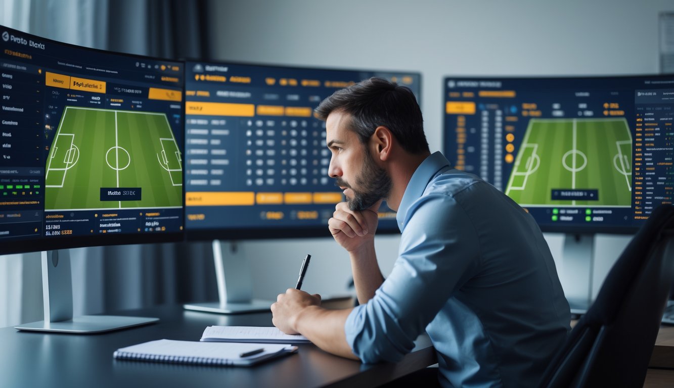 Seorang pria fokus mengamati pertandingan sepak bola di beberapa layar komputer di ruang kerja modern.