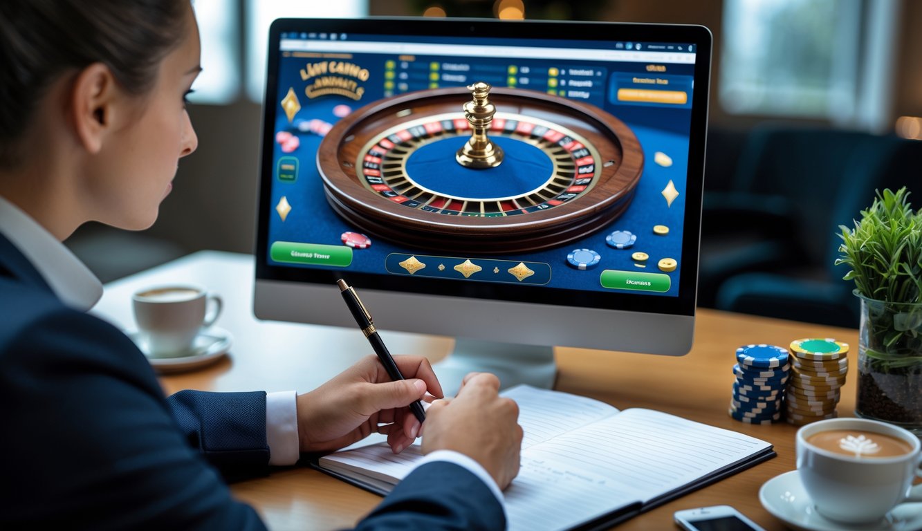 Seorang pria duduk di depan komputer yang menampilkan permainan kasino langsung, sedang mencatat dan menganalisis pola permainan dengan fokus.