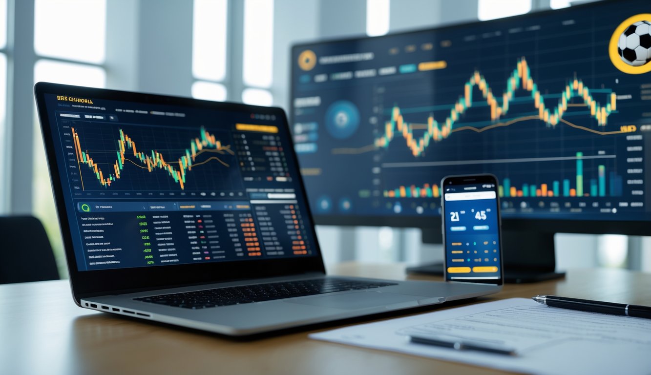 Meja kerja dengan laptop, ponsel, dan layar digital yang menampilkan data dan grafik terkait strategi taruhan bola online.