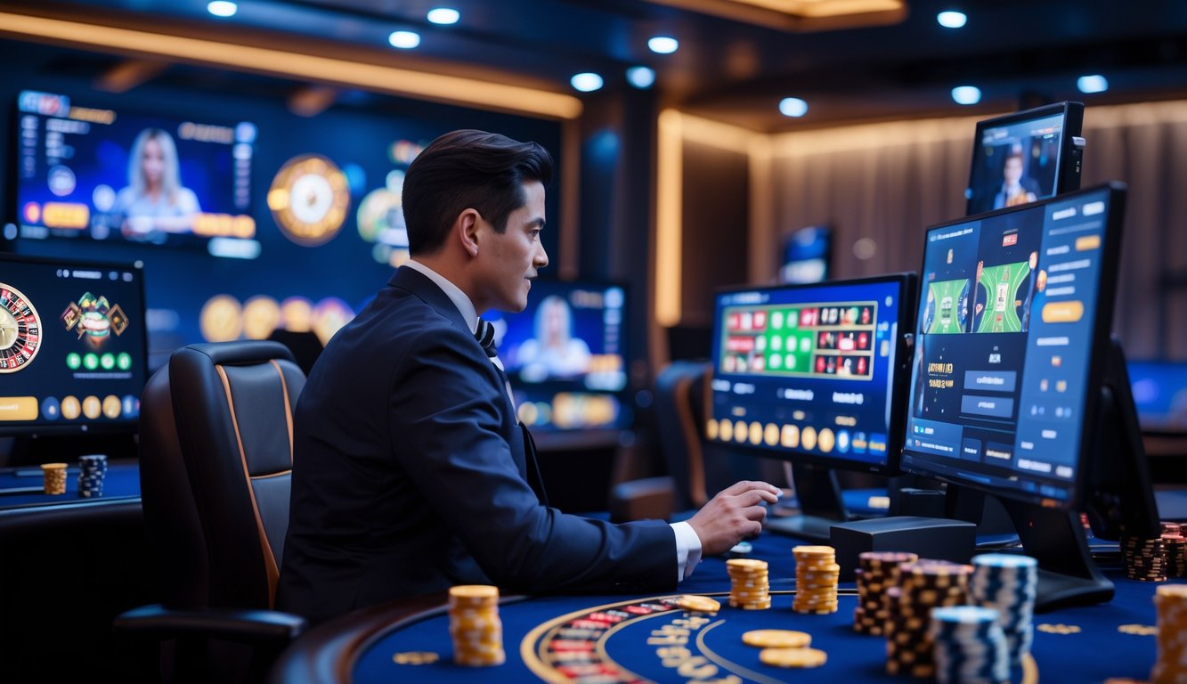 Seorang dealer kasino yang profesional sedang berinteraksi dengan pemain melalui kamera di lingkungan kasino online langsung.