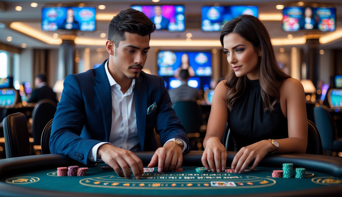 Dua pemain muda duduk di meja kasino langsung dengan fokus dan serius, dikelilingi oleh chip dan kartu, dengan dealer langsung di latar belakang.