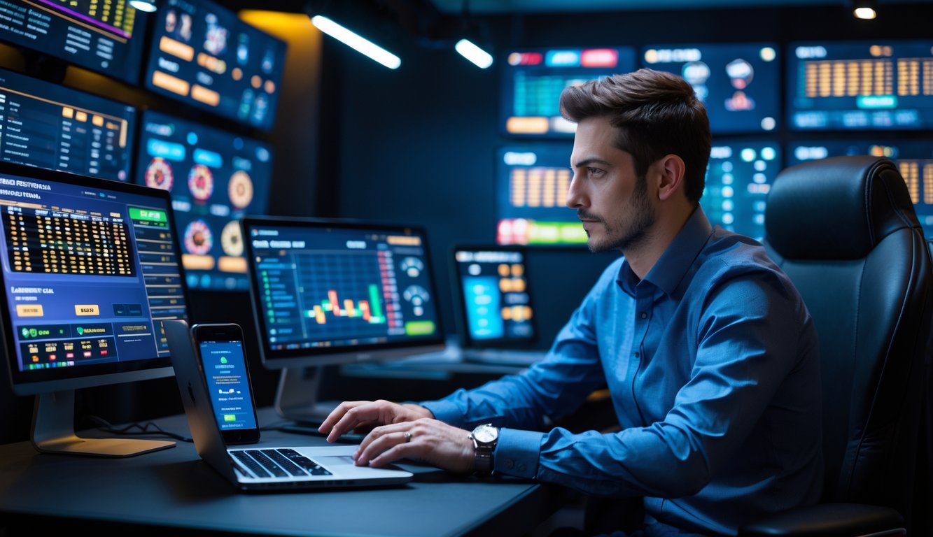 Seorang pria fokus duduk di depan beberapa layar komputer yang menampilkan permainan kasino langsung dan data statistik, sedang merencanakan strategi.