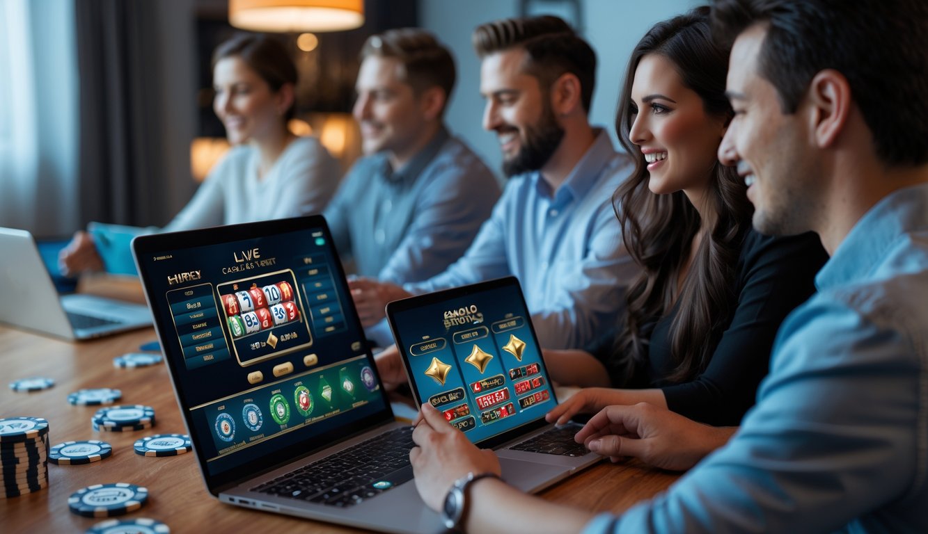 Beberapa orang bermain permainan kasino langsung secara online di rumah menggunakan laptop dan ponsel.