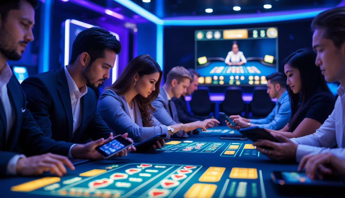 Sejumlah pemain fokus menggunakan perangkat digital di lingkungan kasino online modern dengan dealer langsung di layar besar.