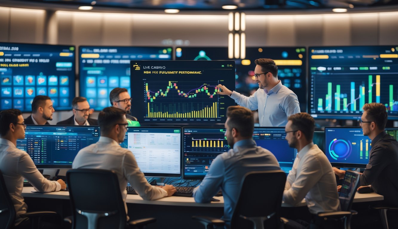 Beberapa orang sedang bekerja di depan komputer dengan layar menampilkan permainan kasino langsung dan grafik analisis performa secara real-time.