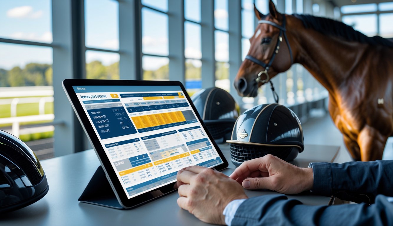 Seorang penggemar balap kuda sedang mempelajari statistik dan grafik performa kuda dengan latar belakang kuda pacu dan perlengkapan joki.