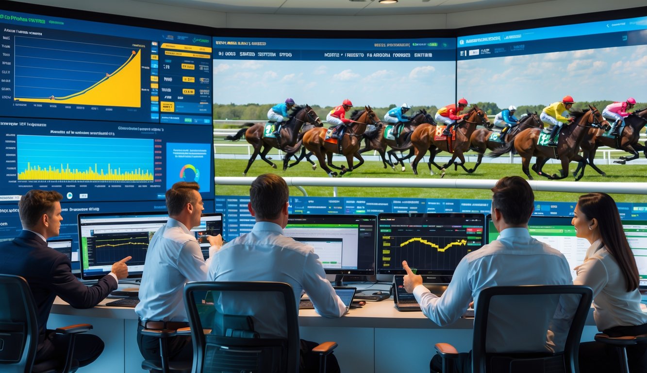 Seorang analis dan pelatih sedang memantau data kecepatan dan konsistensi kuda pacu di ruang kontrol dengan layar besar dan pemandangan lintasan pacuan kuda.