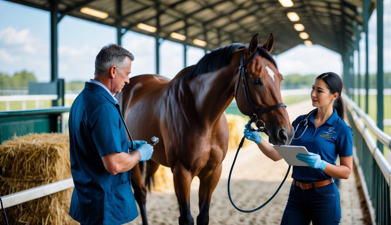 Seorang dokter hewan dan pelatih memeriksa kondisi fisik dan mental seekor kuda pacu di kandang sebelum perlombaan.