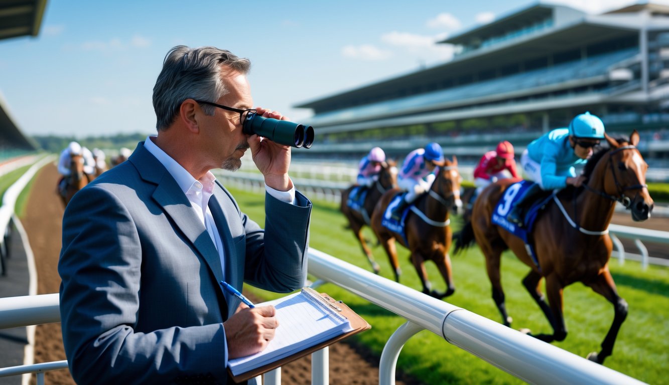 Seorang pengamat kuda profesional sedang mengamati perlombaan kuda dengan teropong di lintasan pacu, di latar belakang kuda dan joki sedang berlari.
