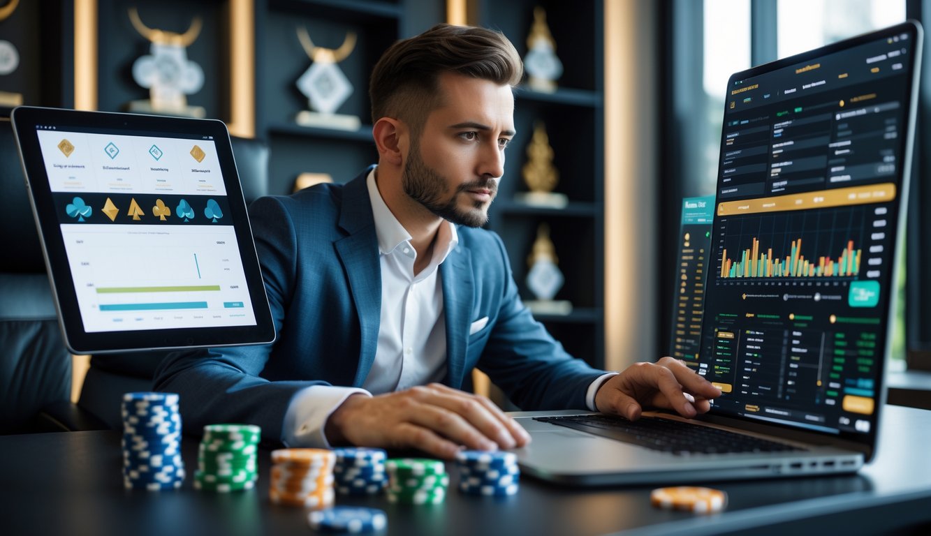 Seorang pria fokus menganalisis pola permainan poker di depan laptop dengan chip dan kartu poker di meja.