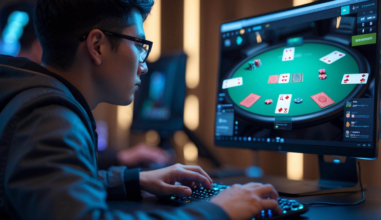 Seorang pemain poker online yang fokus melihat layar komputer dengan meja poker digital dan chip poker di layar.