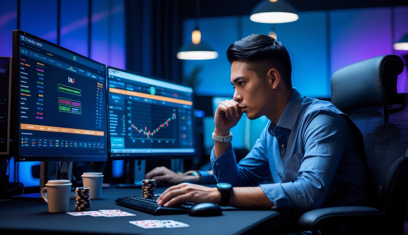 Seorang pemain poker online profesional duduk di depan komputer dengan tampilan game poker dan chip di tangan, terlihat fokus dan serius.