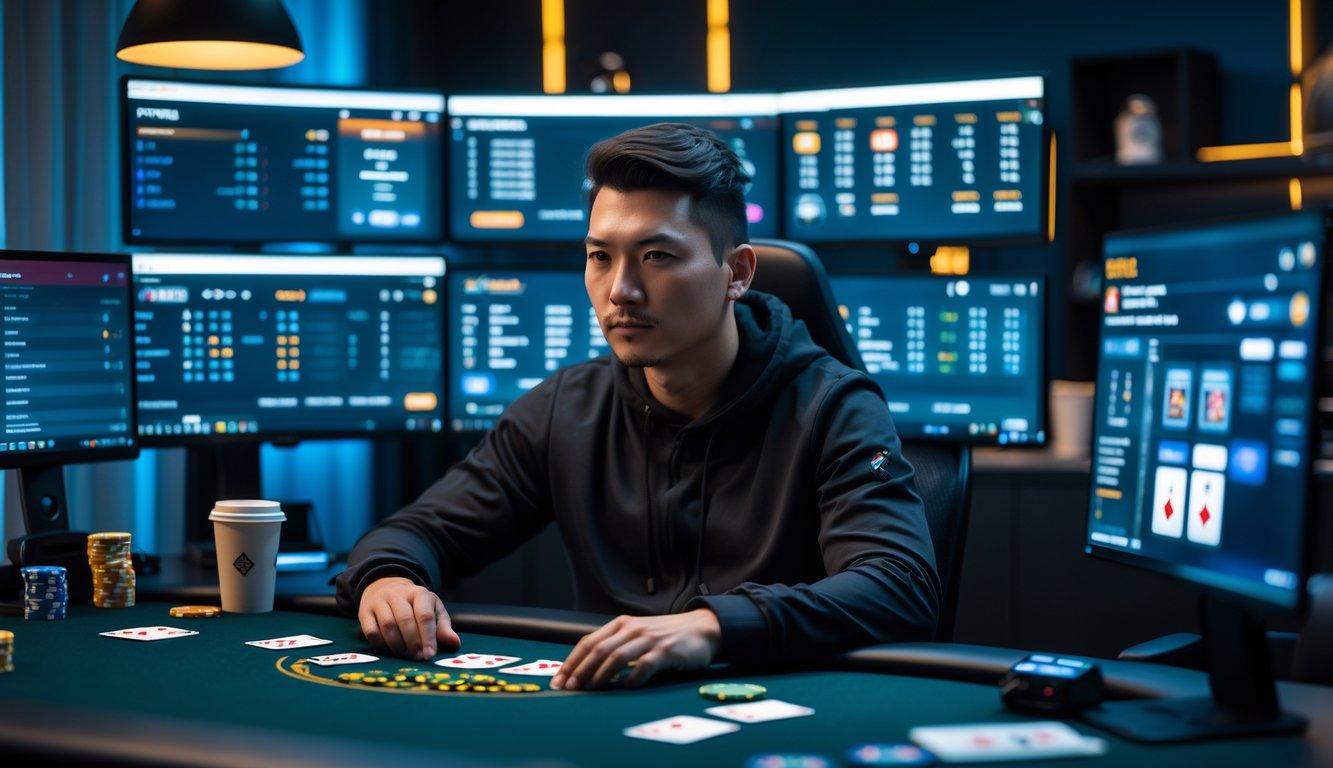 Seorang pria dewasa fokus bermain poker online di depan beberapa monitor dengan chip poker dan kartu di meja.