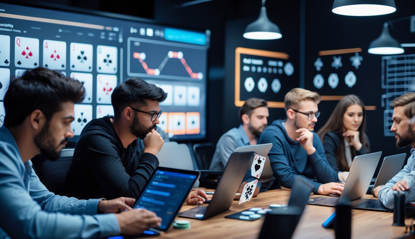 Sekelompok orang fokus bermain poker online dengan laptop dan tablet di meja, sedang berdiskusi dan menganalisis strategi.