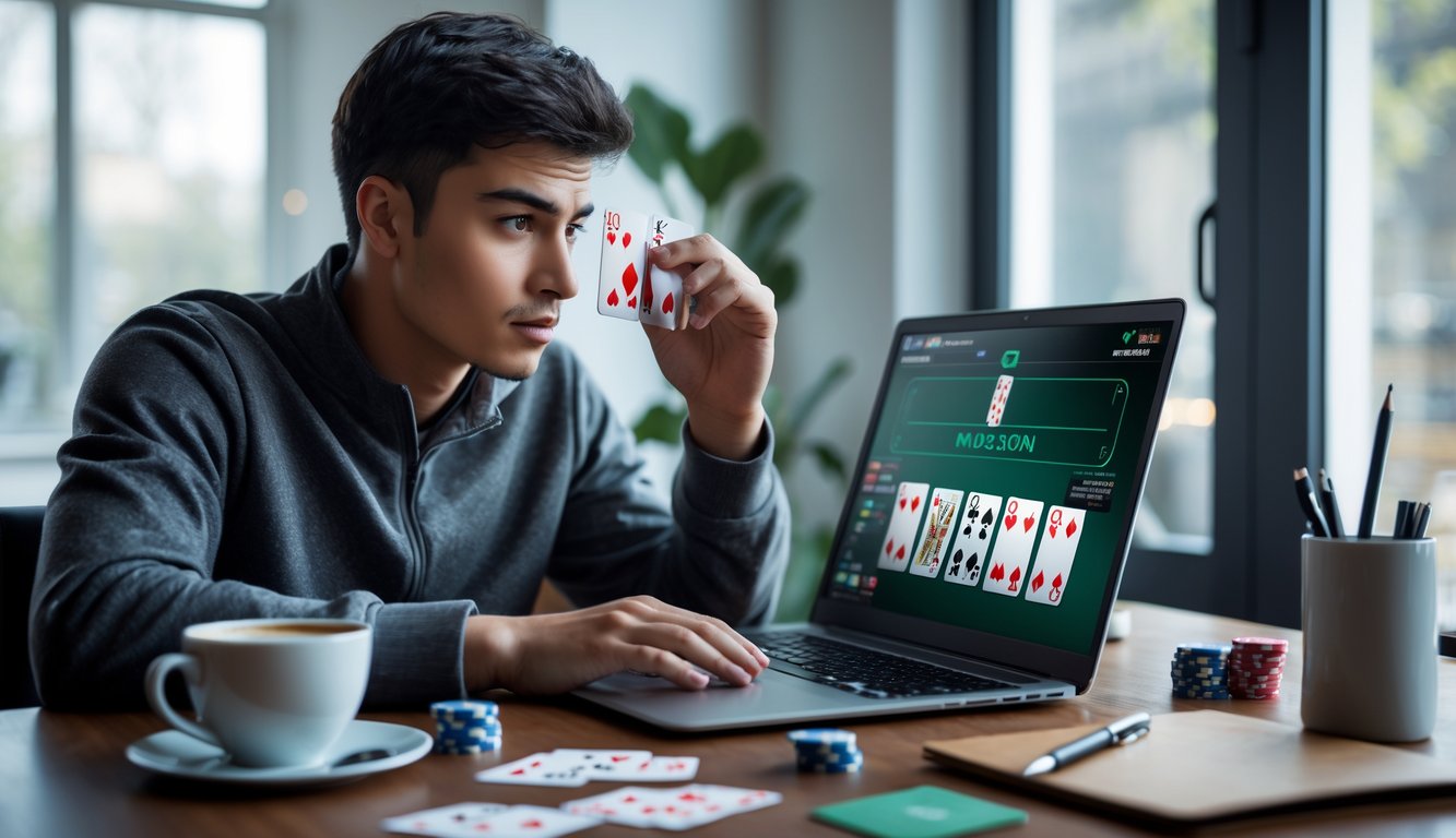 Seorang dewasa muda sedang bermain poker online di laptop dengan ekspresi fokus dan meja yang berisi chip poker dan kartu.