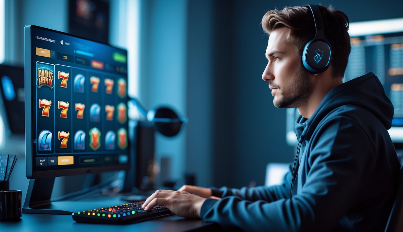 Seorang pria dewasa fokus bermain permainan slot online di depan komputer dengan suasana ruangan yang terang dan rapi.