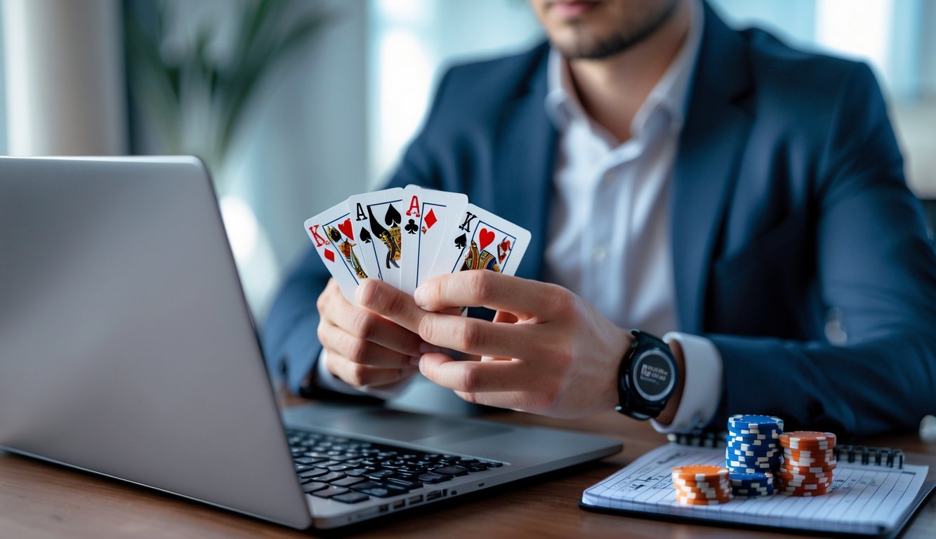Seorang pemain poker yang fokus memegang kartu di depan laptop dengan chip poker dan catatan strategi di meja.