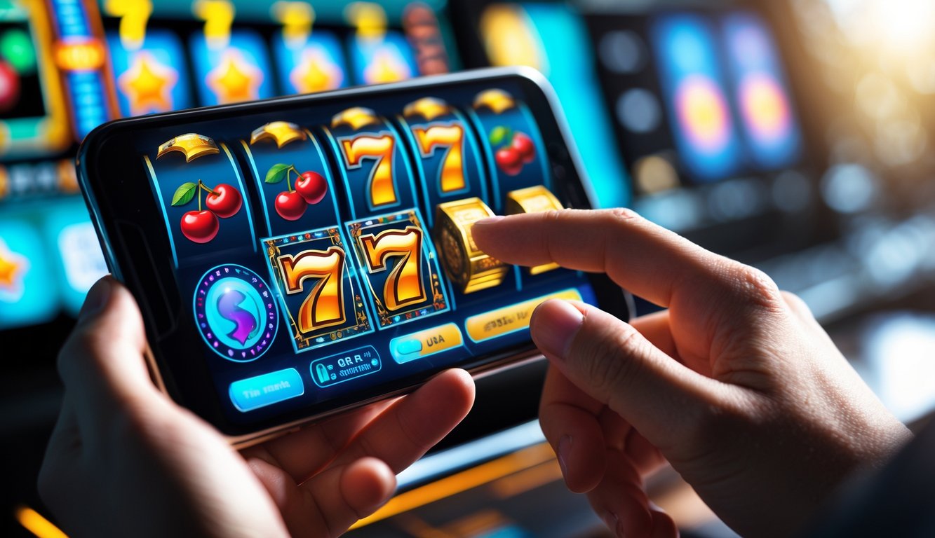 Tangan seseorang sedang menggunakan ponsel dengan tampilan permainan slot online yang menampilkan simbol-simbol warna-warni.