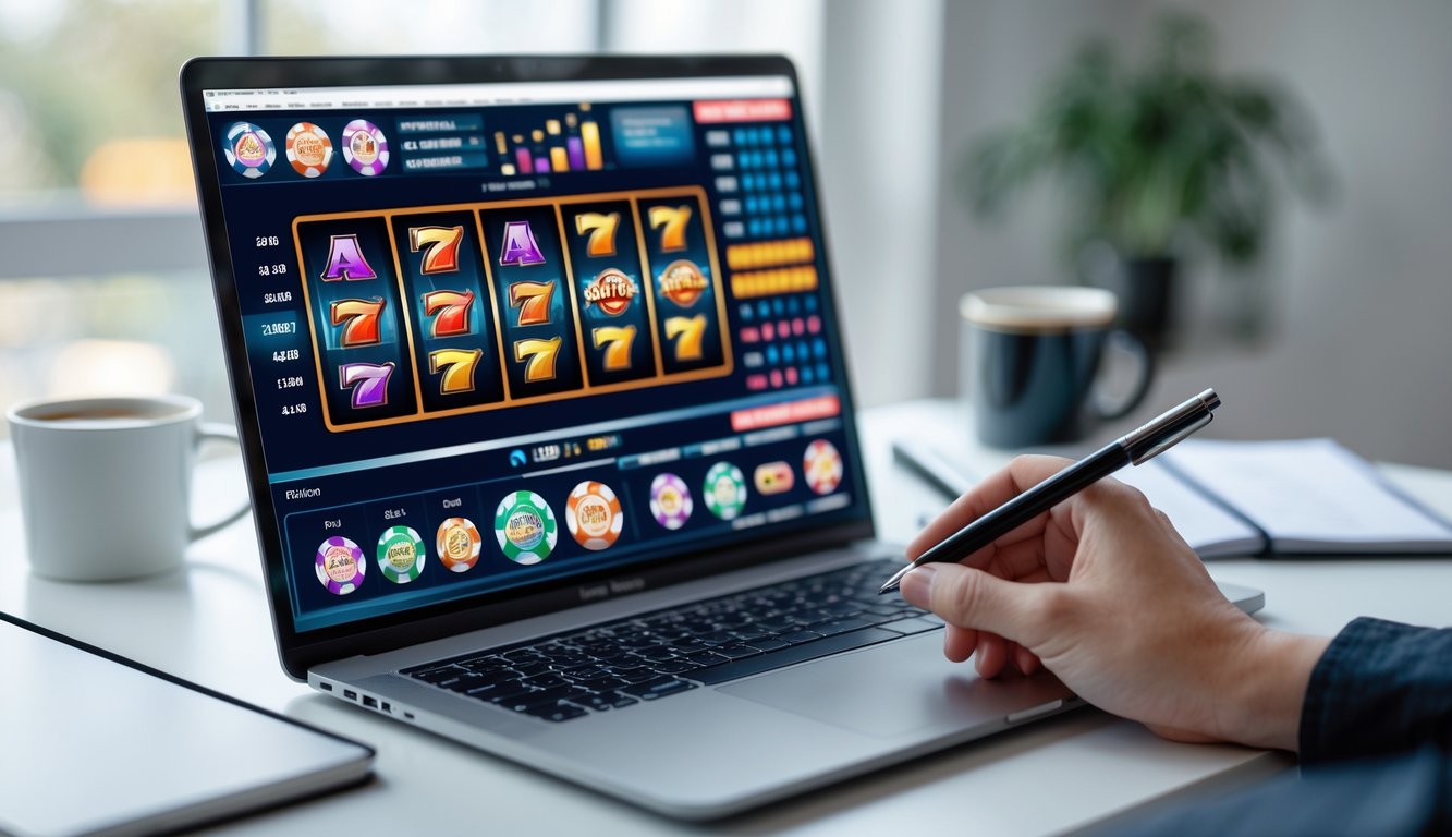 Seseorang sedang menganalisis pola putaran mesin slot online di depan laptop di sebuah meja kerja yang rapi.