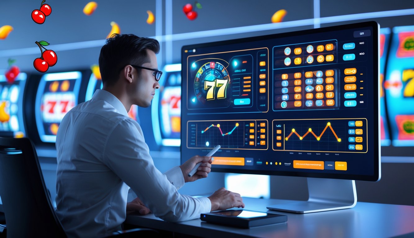 Seorang analis bekerja di depan komputer dengan grafik dan gulungan mesin slot digital yang berputar di layar.