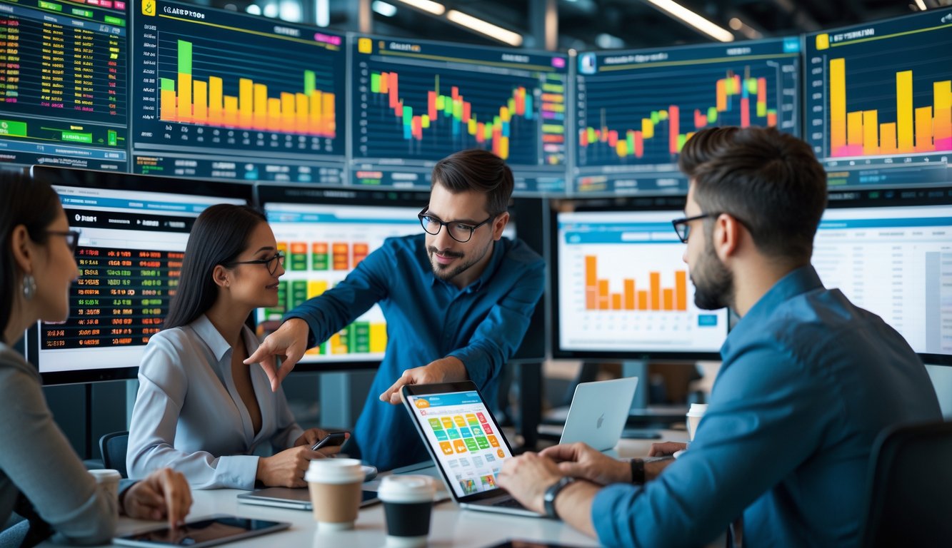 Sekelompok orang sedang menganalisis data permainan slot di kantor modern dengan layar digital yang menampilkan grafik dan pola permainan.