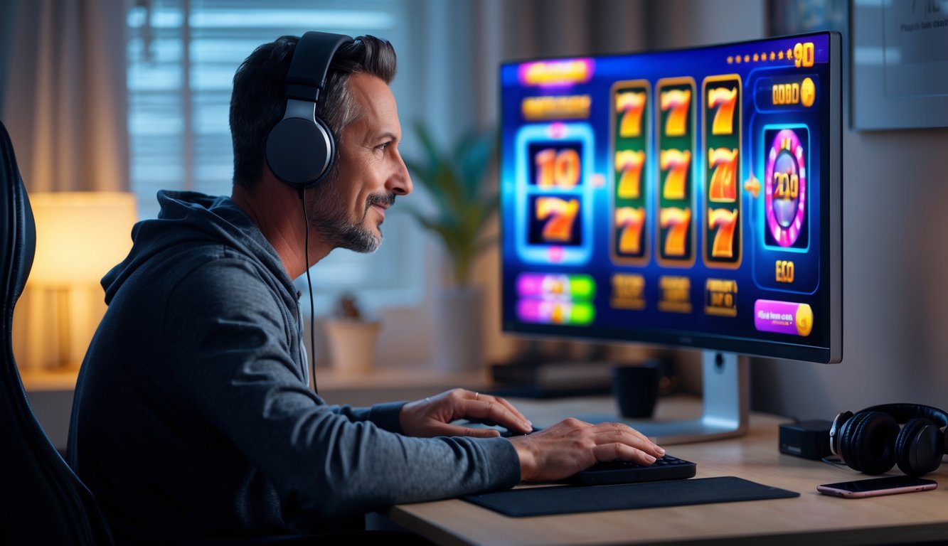 Seorang pria dewasa duduk di depan komputer dengan layar menampilkan permainan slot online berwarna-warni, terlihat fokus dan percaya diri di ruang kerja yang nyaman.