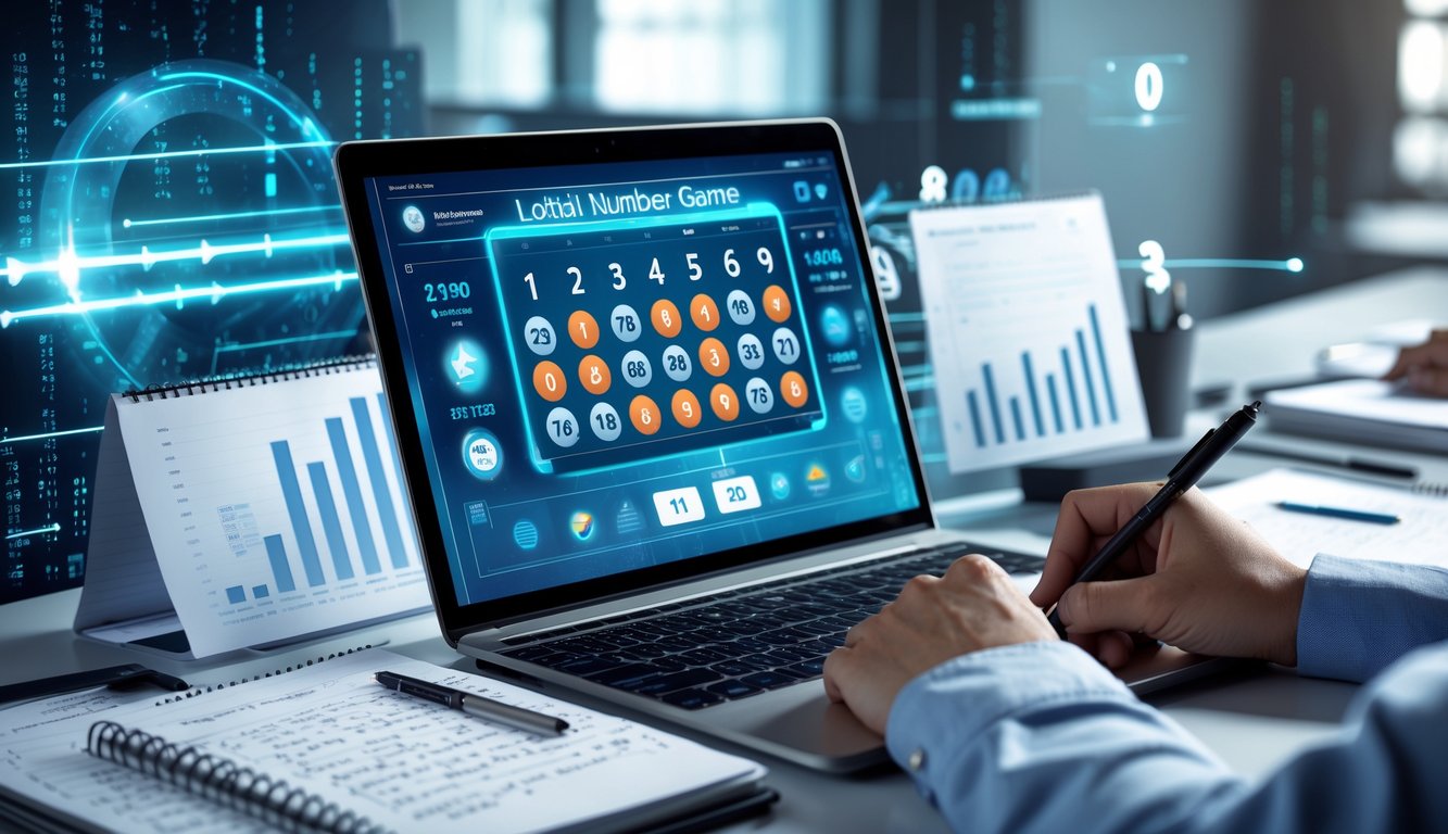 Seorang individu sedang bekerja dengan laptop dan catatan di meja, mempelajari pola angka untuk permainan togel online.