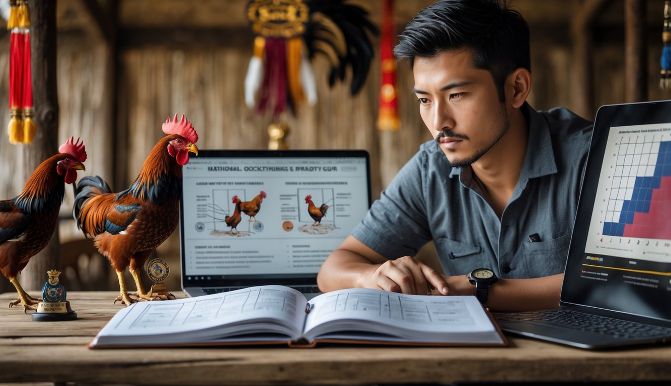 Seorang pria sedang mempelajari panduan teknik dan pola serangan sabung ayam di sebuah meja dengan buku dan laptop.