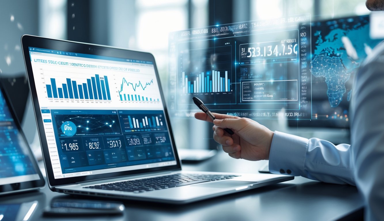 Seorang profesional sedang menganalisis data statistik di meja kerja dengan laptop dan tablet yang menampilkan grafik dan diagram.