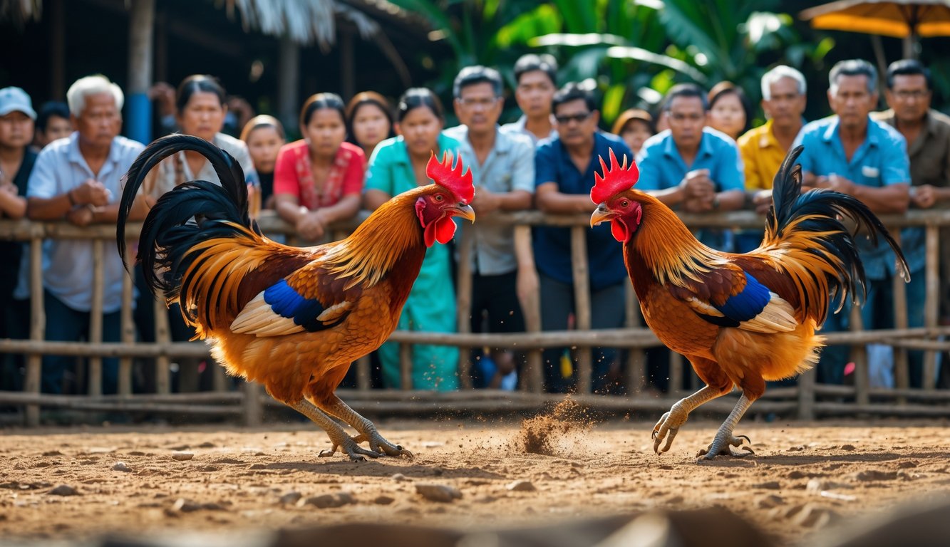 Dua ayam jago sedang bertarung di arena dengan penonton yang memperhatikan dengan serius di sekitar mereka.