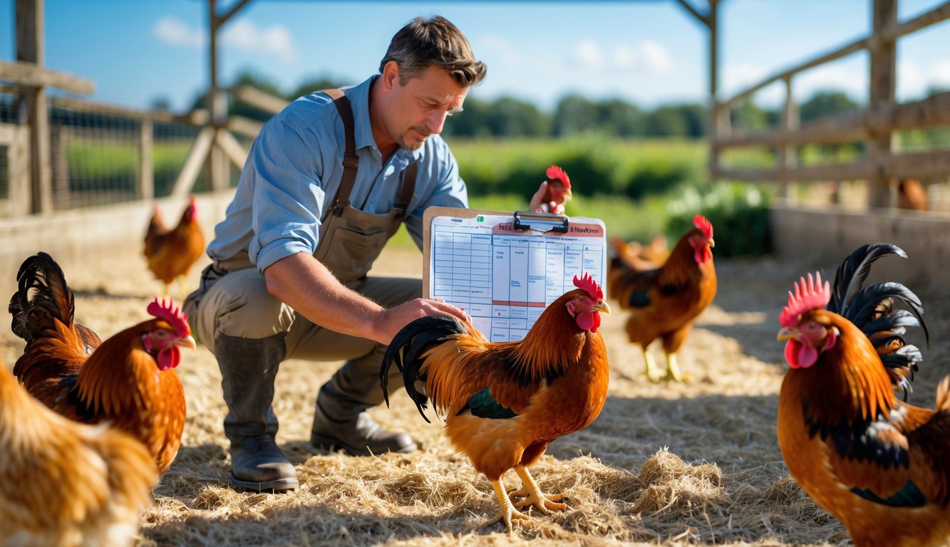 Seorang pria memeriksa ayam unggulan di arena ayam dengan latar belakang peternakan.
