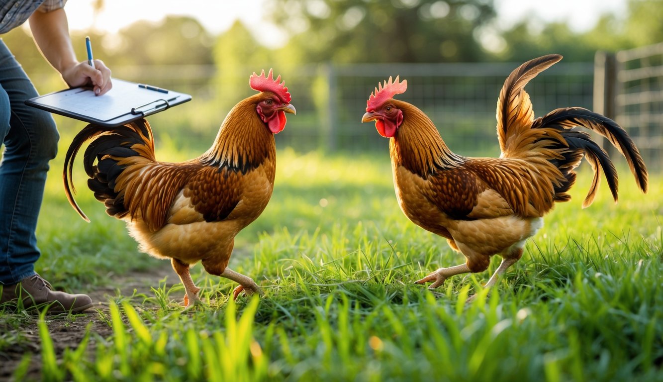 Dua ayam jago sedang bergerak di halaman rumput dengan seorang analis yang mengamati dan mencatat hasil pengamatan.