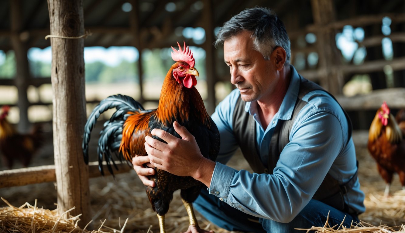 Seorang pelatih berpengalaman sedang memegang ayam petarung dengan latar belakang area pelatihan tradisional.