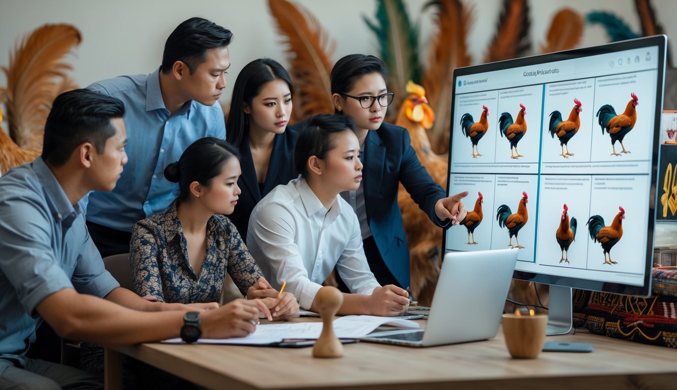 Sekelompok orang sedang berdiskusi dan menganalisis strategi sabung ayam dengan gambar dan diagram di ruang kerja modern.