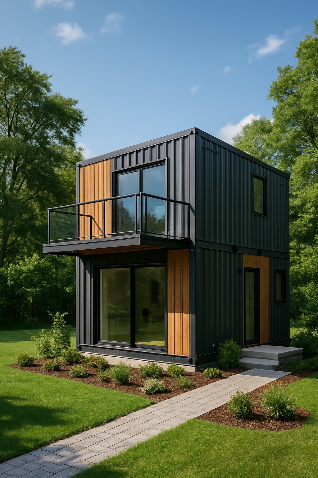 Two-storey small container house surrounded by greenery with large windows and a balcony.