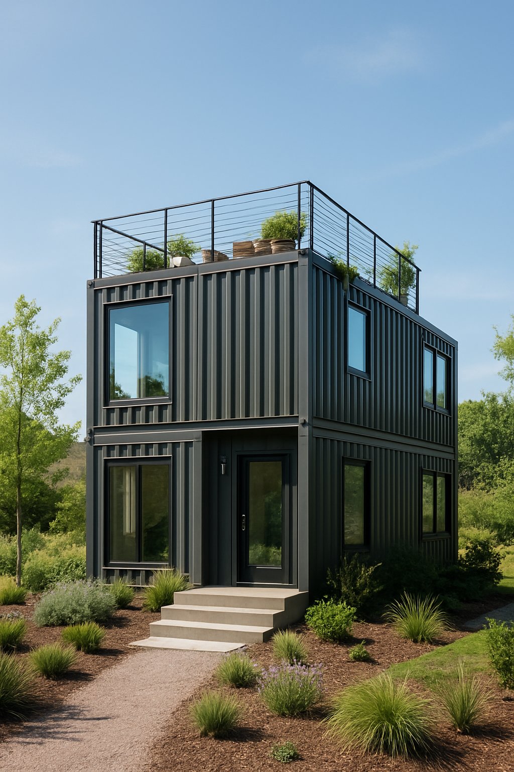 Two-storey small house made from stacked shipping containers with a rooftop deck and outdoor seating surrounded by natural landscaping.